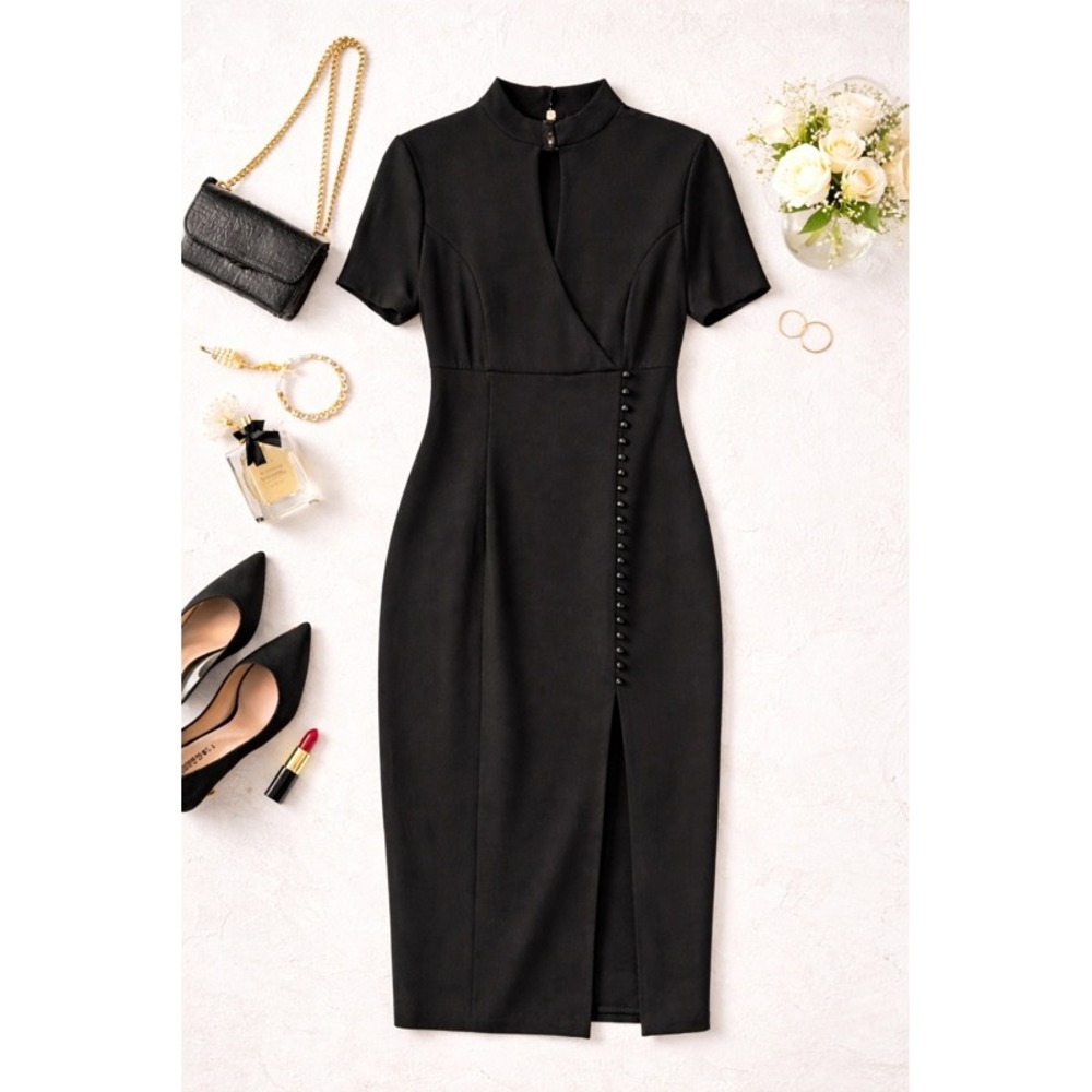 Vintage Styleworks Black Midi Dress Button Detail‎ Minimalist Sz 12
